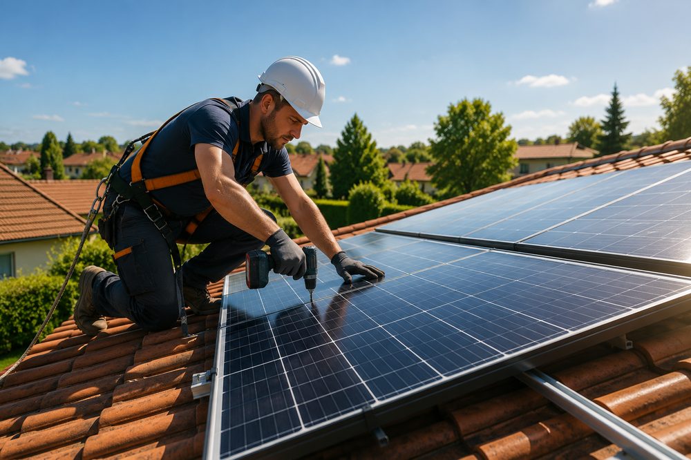 Technicien installant des panneaux solaires sur une toiture