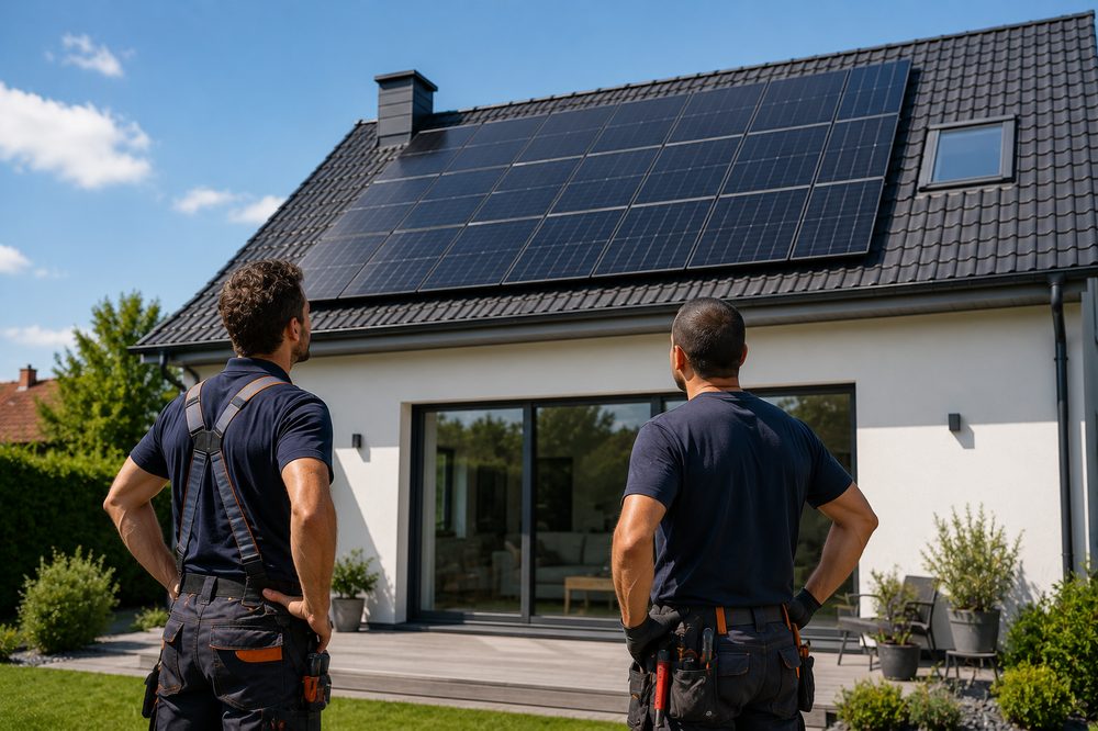 Techniciens qualifiés devant une maison équipée de panneaux solaires