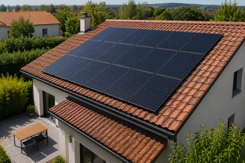 Toiture résidentielle équipée de panneaux photovoltaïques, vue aérienne